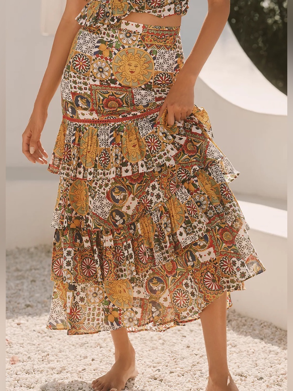Ro’s Garden Honduras Skirt 100% Cotton Tiered Maxi Napoli Yellow Boho XS New